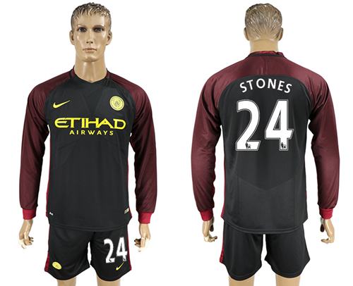 Manchester City #24 Stones Away Long Sleeves Soccer Club Jersey - Click Image to Close